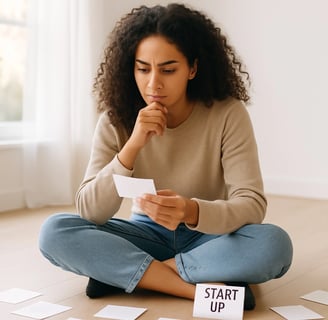 a woman sitting on the floor with a notepad and a pen