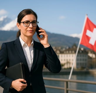 a woman in a suit and glasses talking on a cell phone