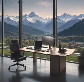 Swiss Alps view through office window – business inspiration