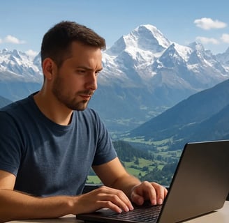 a man sitting at a table with a laptop computer
