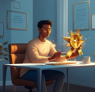 a man sitting at a desk with a star