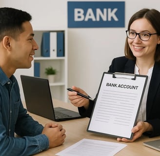 a man and woman sitting at a desk with a clipboard in bank
