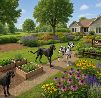 Three great danes in front of a garden with a sign "McSorley Gardens".