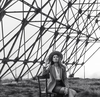 a woman sitting on a chair in a field