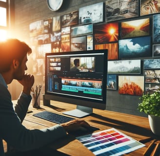 kreativer Profi, der an einem Computer sitzt und sorgfältig Szenen für ein Video auswählt