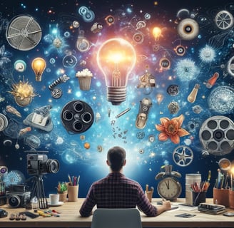 Videografen, der von Symbolen der Innovation umgeben ist, was die grenzenlosen Möglichkeiten im Storytelling hervorhebt