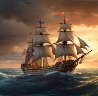 frigate sailing in the ocean at twilight
