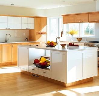 a kitchen with a large island and a bowl of fruit