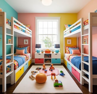 a kids bedroom with bunk beds for boy and girl