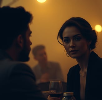 a woman sitting at a table with a man in a suit