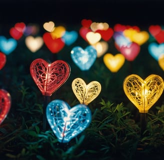 a bunch of heart-shaped colorful lights that are on display