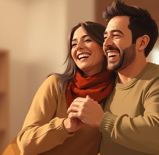 a man and woman are smiling and hugging