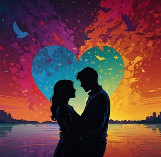 a couple standing in front of a heart shaped sunset