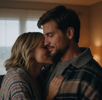 a man and woman kissing in a living room