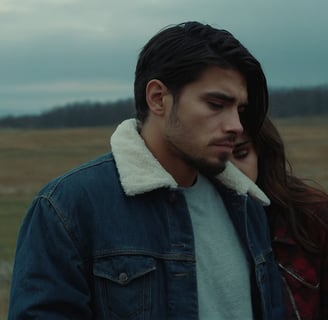 a man and woman standing in a field