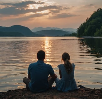 a man and woman sitting on a rock in the water