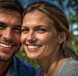 a man and woman smiling and hugging each other