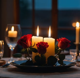 table with lit candles and roses