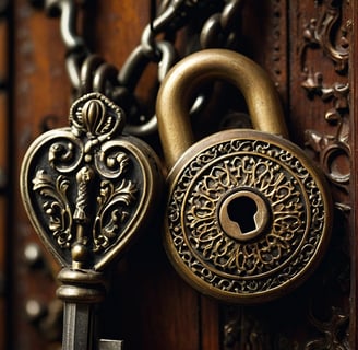 a key chain lock with a key lock on a wooden door