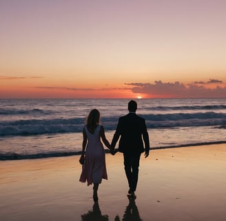 a man and woman holding hands while walking on the beach