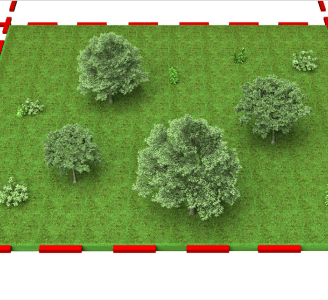 Imagem de um terreno com linhas tracejadas vermelhas, mostrando seus limites