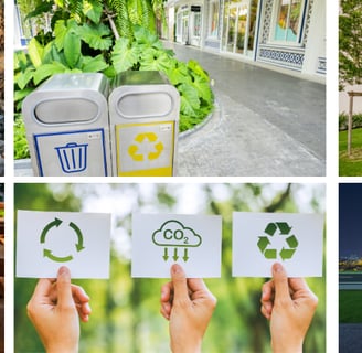 uma montagem de fotos com poluição, reciclagem e cidades