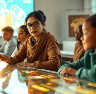 o profesoară care indică revoluția educației în timp ce inteligența artificială se îmbunătățește