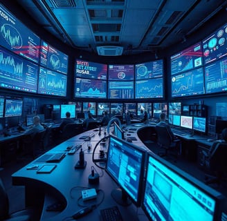 cameră plină cu monitoare futuristice cu grafice despre marketingul afacerii