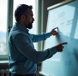 un barbat expert care explică seo pe o tablă