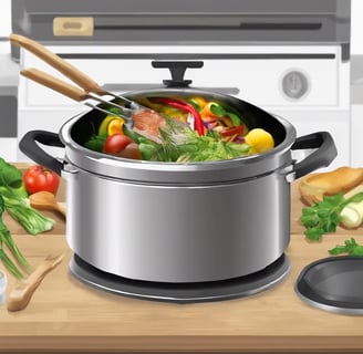 A pair of hands is stirring a pot filled with various chopped vegetables, including carrots, potatoes, and green beans. The pot sits on a stove, and the surrounding kitchen area is dimly lit, giving a warm ambiance to the scene.