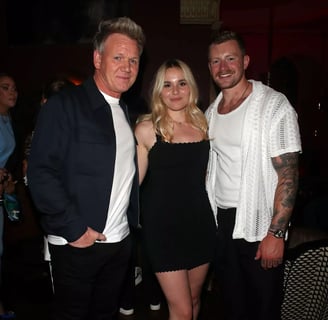 Gordon Ramsay with his daughter Hollie Ramsay and Olympian Adam Peaty at Lucky Cat opening.