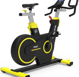 a stationary bike with a yellow and black bike