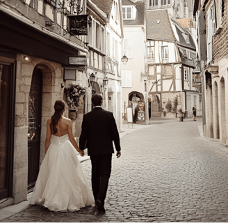 un couple marié en tenue de marié se promène dans les rues de rouen