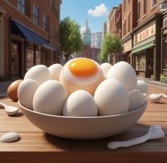 des oeufs blancs durs dans un bol, sur une table, dans une rue
