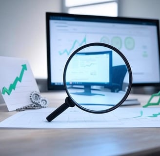 Imagen ilustrativa de conceptos de SEO, con una lupa, un gráfico, enlaces y engranajes, simbolizados