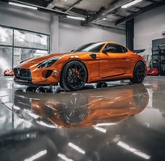 A red sports car parked in a dark garage