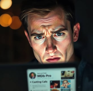 Frustrated but determined actor reviews casting calls, checking IMDb Pro, and Starmeter