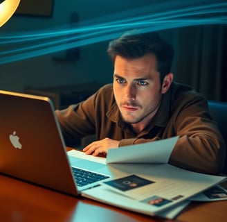 Confident actor reviewing IMDb Starmeter profile on laptop with headshots and casting calls.