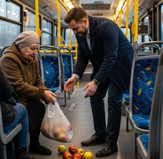 Mies auttaa naista keräämään bussin lattialle tippuneet omenat. Hymyt kohtaavat.