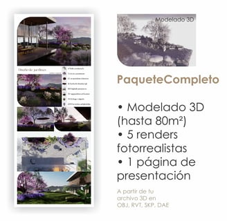 Paquete Completo: Modelado 3D (hasta 80m²), 5 renders fotorrealistas, 1 página de presentación