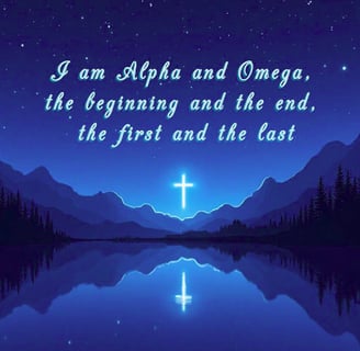 a cross in a dark sky with mountains forest and river.