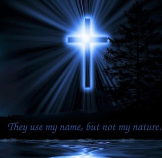 Glowing blue/white cross with Jesus walking on water to the left.Trees on right and a river.