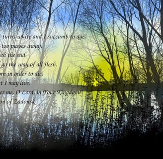 a picture of a lake at sunset with trees and a quote about aging from St. Tikon of Zadonsk