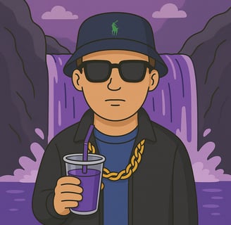 Cartoonhafte Illustration von Hustensaft Jüngling vor einem leuchtend violetten Wasserfall, Bucket Hat, Sonnenbrille und li