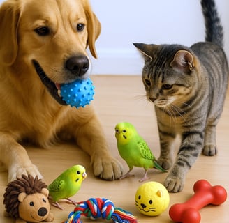 a cat and a dog are playing with toys