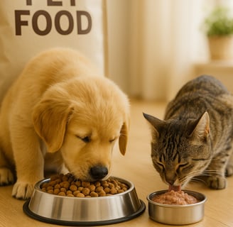 a cat and a dog are eating food