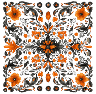 a black and orange flowered design on a black background