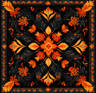 a black and orange floral design on a black background
