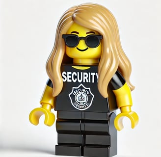 A Lego style character with the word security on her top