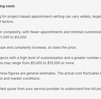 Screenshot showing thorough understanding of project-based pricing costs in the article, B2B Appoint